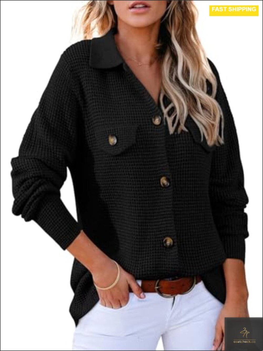 Women Waffle Knit Cardigan Shacket Long Sleeve Button Down Sweater Top